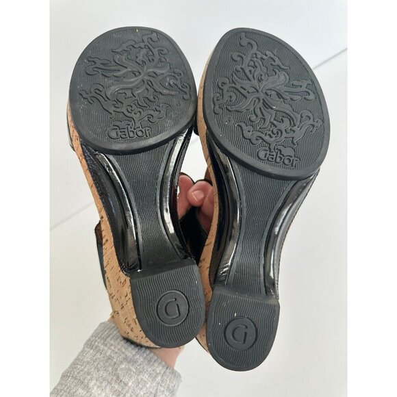 Gabor Womens‎ Black Patent Leather Slip On Sandals UK 6 US 8.5 Cork Wedge Comfy - Picture 10 of 12